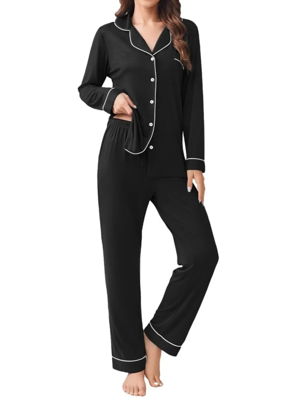 Women's Black Notch Collar Button Down Long Sleeve Shirt Sleepwear Pajamas Set